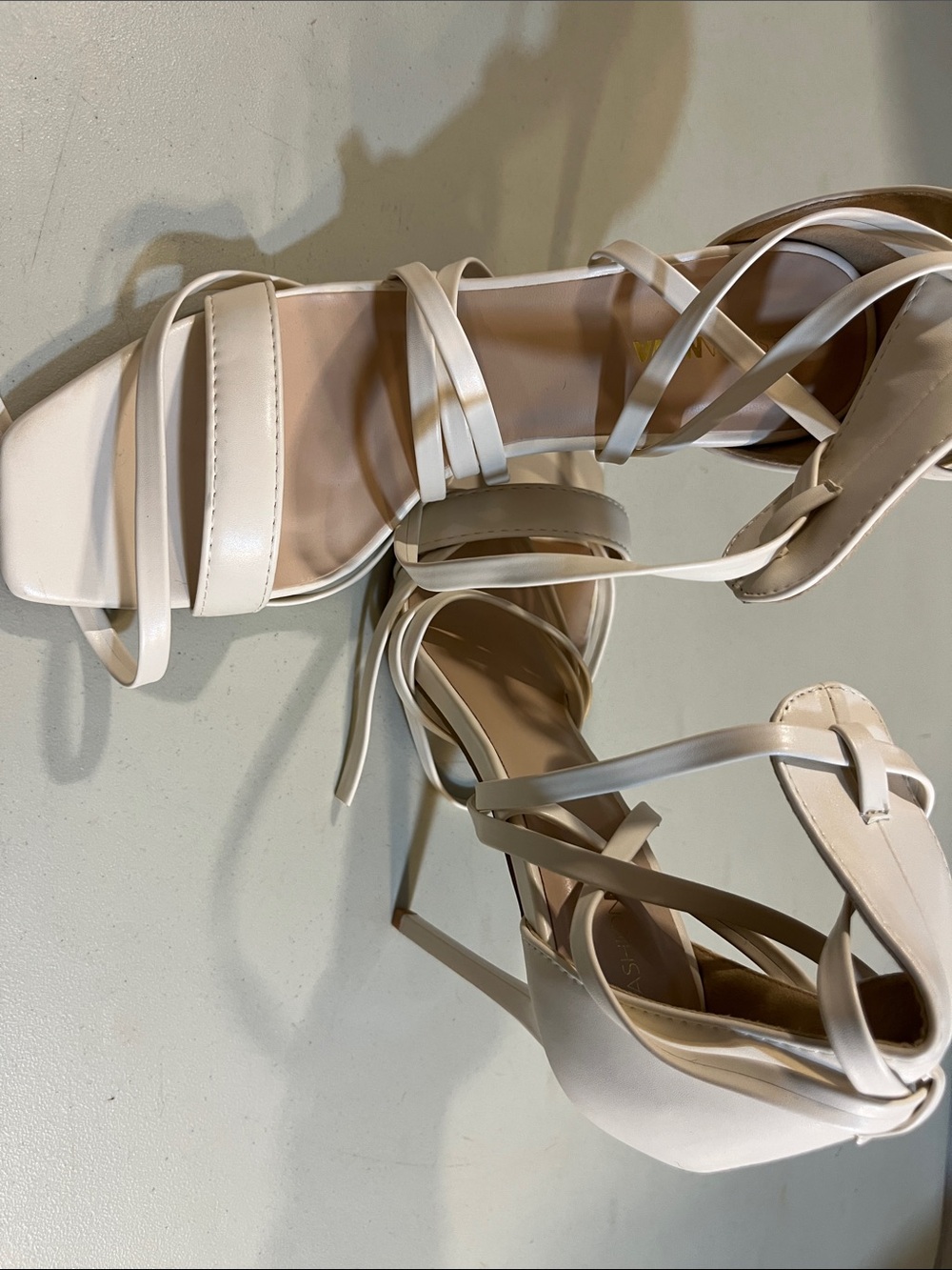 Fashion Nova Cream Strappy Lace-Up Heeled Sandals